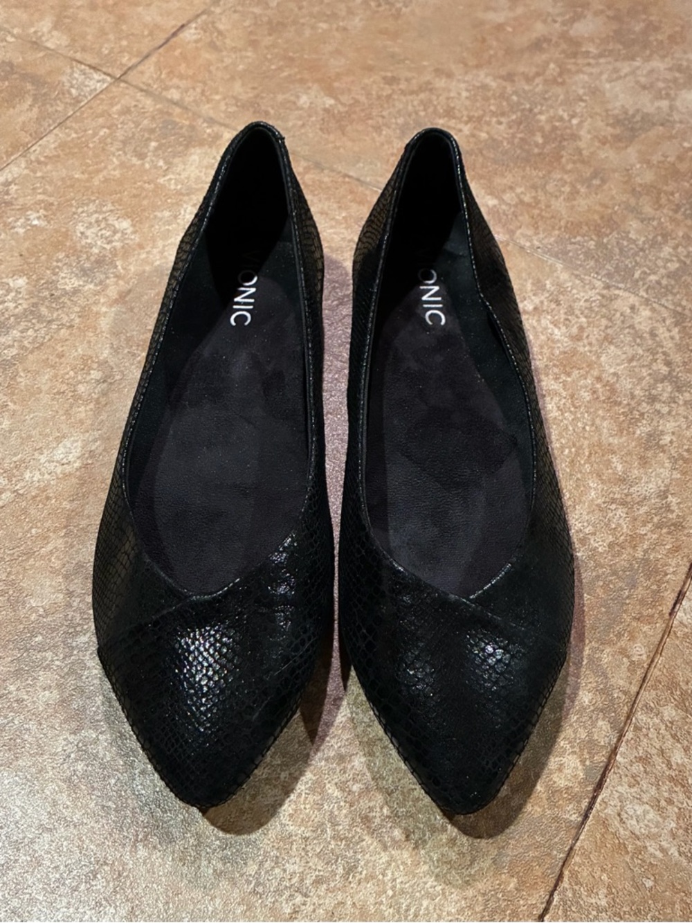Vionic Black Snakeskin-Textured Pointed Toe Flats